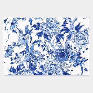 Chinoiserie Floral Bird Blue and White Decoupage Wrapping Paper Sheet