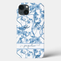 Chinoiserie Floral Bird Dusty Blue n White Script