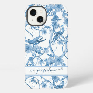 Chinoiserie Floral Bird Dusty Blue n White Script iPhone 13 Case