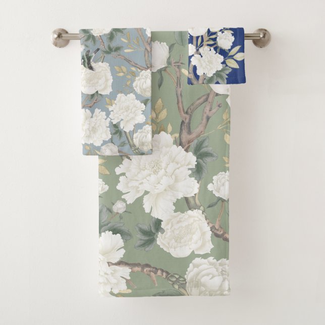 Chinoiserie Floral Bird Sage Green Dusty Blue Navy Bath Towel Set (Insitu)