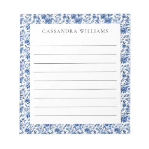 Chinoiserie Floral Blue Personalized Name Lined Notepad