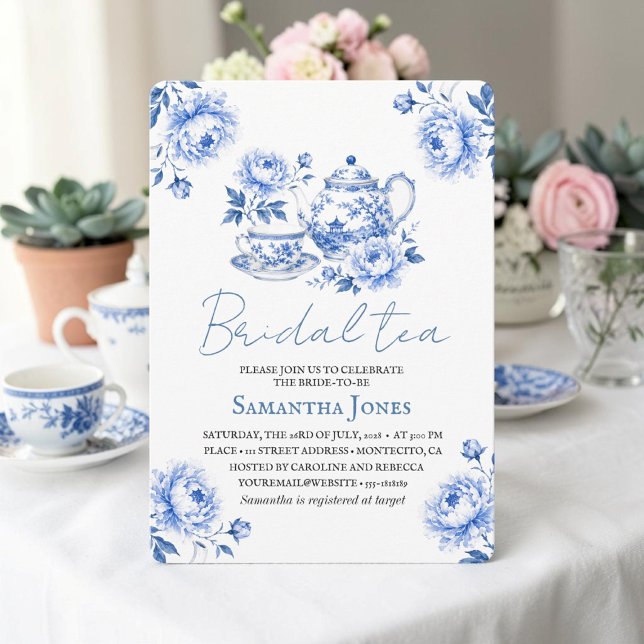 Chinoiserie Floral Blue Tea Pot Bridal Shower  Invitation (Creator Uploaded)