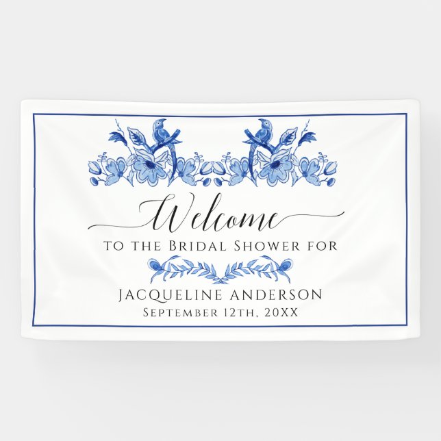 Chinoiserie Floral Blue White Bird Bridal Shower Banner (Horizontal)