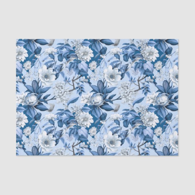 Chinoiserie Floral Blue White Painting Decoupage Tissue Paper (Front)