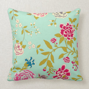 Chinoiserie Floral Design Jade Green Throw Pillow