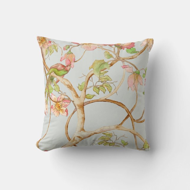 Chinoiserie Floral Dusty Blue Pink Peony Bird Tree Throw Pillow (Front)