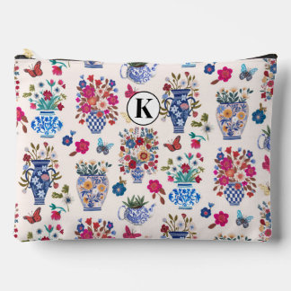 Chinoiserie Floral Monogram Cosmetic Makeup Bag