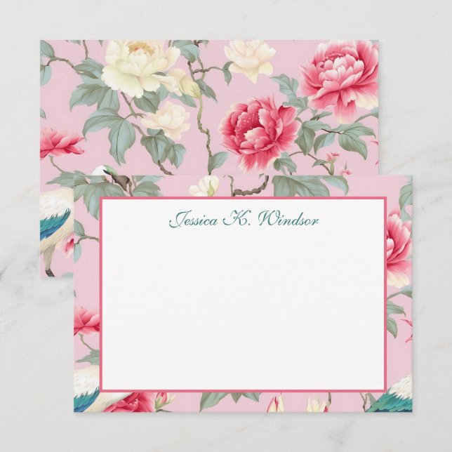 Chinoiserie Floral Pink Egret Personalized Thank You Card (Front/Back)