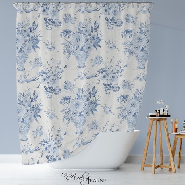Chinoiserie Floral Vase Peony Blue White Bath (Blue and White Toile Chinoiserie Flora by Audrey Jeanne)