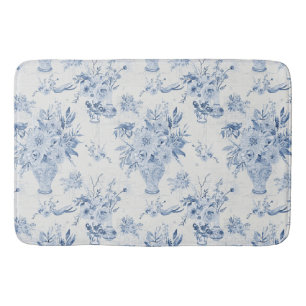 Chinoiserie Floral Vase Peony Blue White Bath Bath Mat