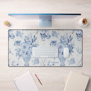 Chinoiserie Floral Vase Peony Blue White Office Desk Mat