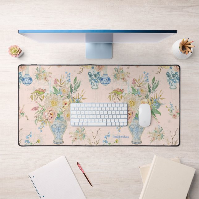 Chinoiserie Floral Vase Peony Blush Pink Office Desk Mat (Office 1)