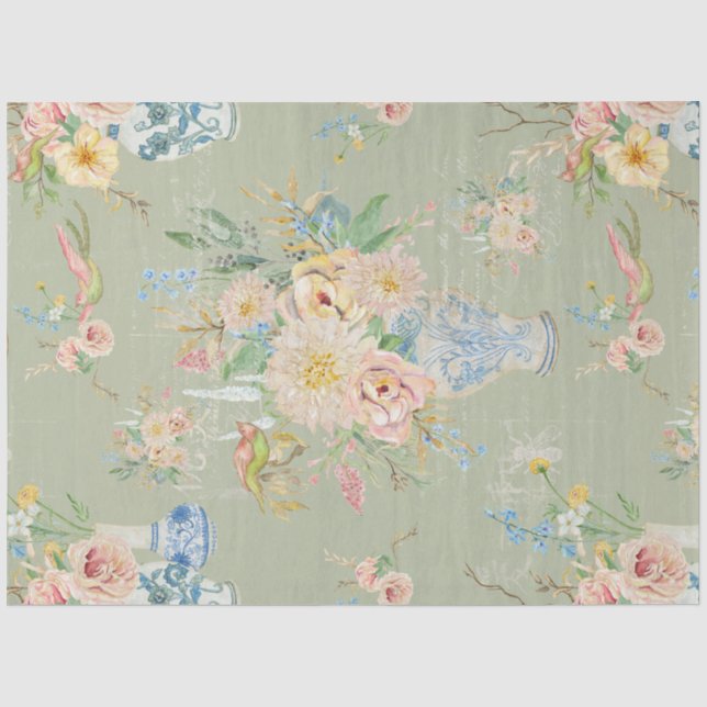 Chinoiserie Floral Vases Peony Flower Decoupage Tissue Paper (Front)