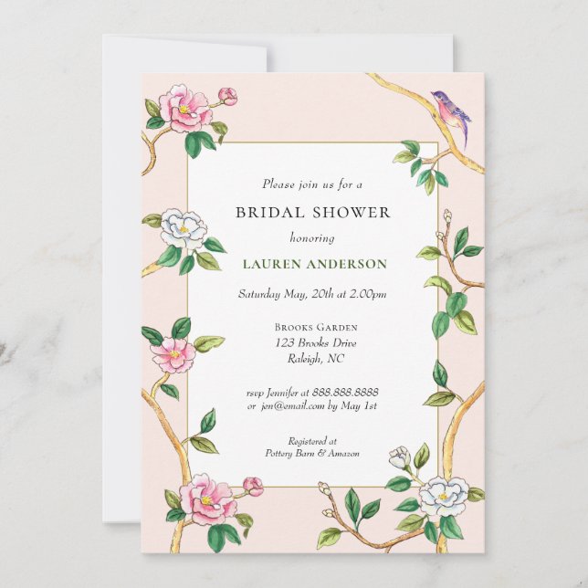Chinoiserie Florale Invitation à la douche nuptial (Devant)