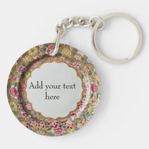 Chinoiserie Flowers Gold Ceramic Style Personalize Keychain