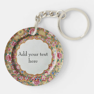 Chinoiserie Flowers Gold Ceramic Style Personalize Keychain