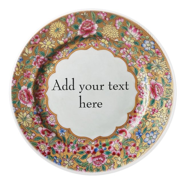 Chinoiserie Flowers Gold Ceramic Style Personalize Knob (Front)