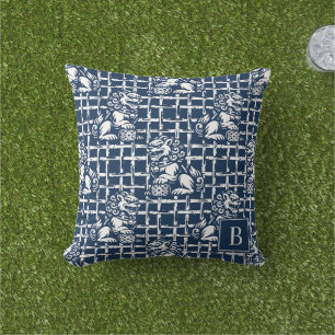 Chinoiserie Foo Dog - Navy Bamboo Lattice Outdoor Pillow