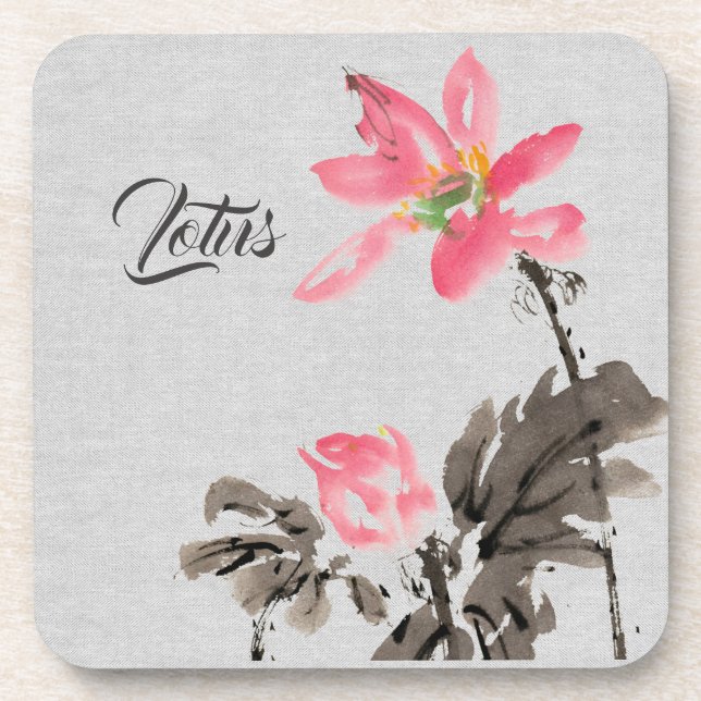 Chinoiserie Freehand Watercolor Floral Lotus  Beve Coaster (Front)
