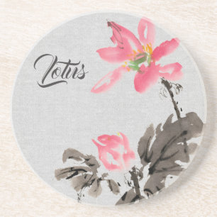 Chinoiserie Freehand Watercolor Floral Lotus Coast Coaster