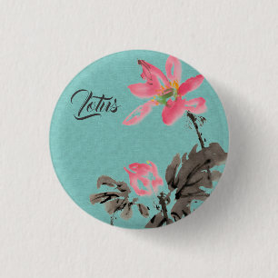 Chinoiserie Freehand Watercolor Floral Lotus Green 1 Inch Round Button
