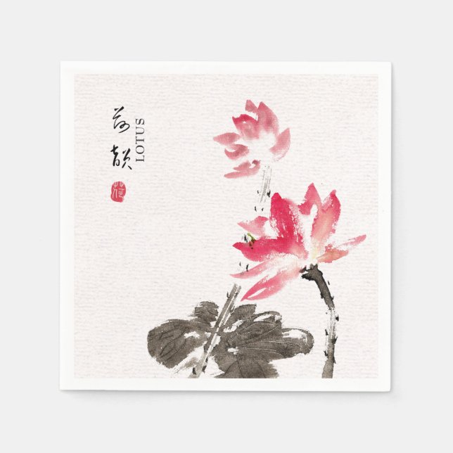 Chinoiserie Freehand Watercolor Floral Lotus  Napk Napkin (Front)