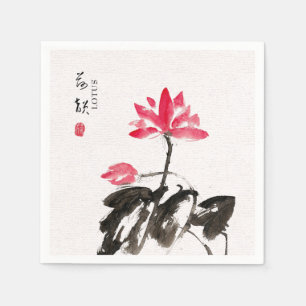 Chinoiserie Freehand Watercolor Floral Lotus Napki Napkin