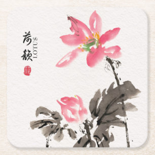 Chinoiserie Freehand Watercolor Floral Lotus Squar Square Paper Coaster