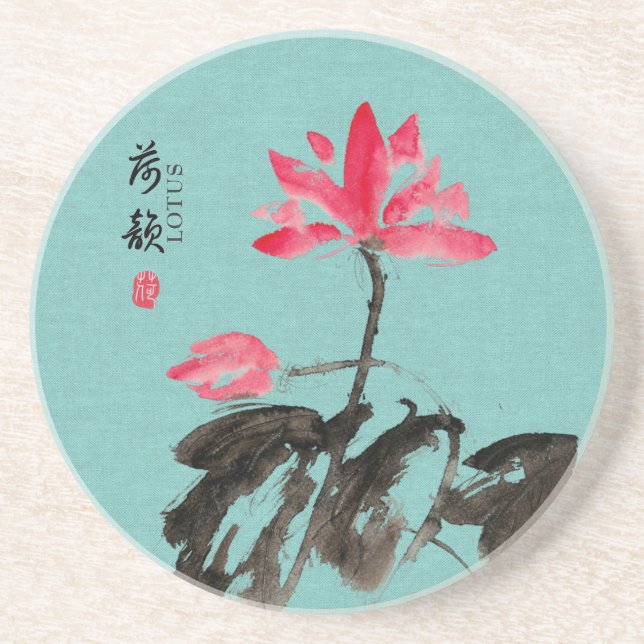 Chinoiserie Freehand Watercolor Lotus Flowers  Coaster (Front)