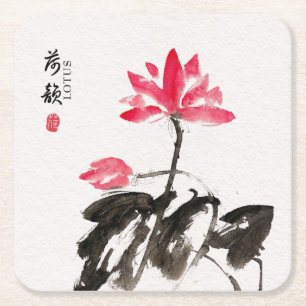 Chinoiserie Freehand Watercolor Lotus Flowers  Square Paper Coaster