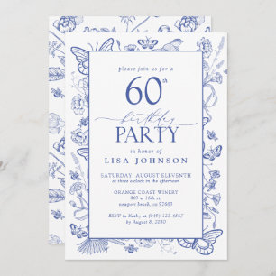 Chinoiserie French Blue Script 60th Birthday Party Invitation