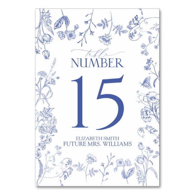 Chinoiserie French Blue Victorian Floral Table Number (Front)
