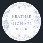 Chinoiserie French Blue Victorian Floral Wedding Classic Round Sticker<br><div class="desc">Add a traditional yet modern touch to your wedding event with our Chinoiserie French Blue Victorian Floral Wedding Classic Round Sticker! This classic hand drawn blue Victorian florals is a timeless design made up of exquisite garden flowers, buzzing bees, and delicate butterflies – perfect for adding a little bit of...</div>