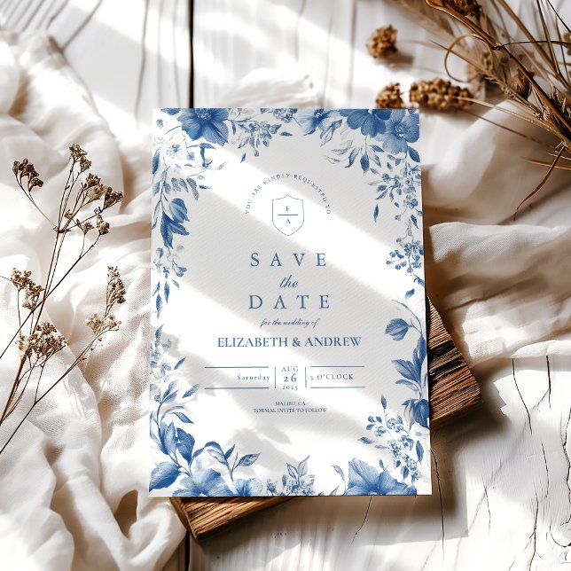 Chinoiserie French Blue Victorian Floral Wedding Save The Date (Creator Uploaded)