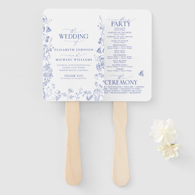 Chinoiserie French Blue Victorian Wedding Program Hand Fan (Front and Back)