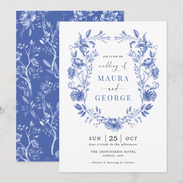 Chinoiserie Garden Delft Blue Floral Crest Wedding Invitation (Front/Back)