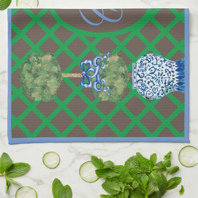 Chinoiserie Garden Topiary Ginger Jar Jars Placema Kitchen Towel (Folded)