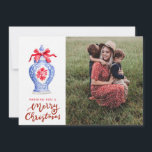 Chinoiserie Ginger Jar Christmas  Photo  Holiday Card<br><div class="desc">This Chinoiserie Ginger Jar Christmas photo card features a blue and white Chinoiserie ginger jar with a red bow. Text says "Wishing you a Merry Christmas" with a place to add your favoritehoto. On the back is a row of ginger jars with bows. You can personalize with a message, photo...</div>