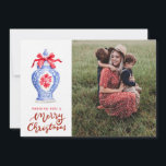 Chinoiserie Ginger Jar Christmas  Photo  Holiday Card<br><div class="desc">This Chinoiserie Ginger Jar Christmas photo card features a blue and white Chinoiserie ginger jar with a red bow. Text says "Wishing you a Merry Christmas" with a place to add your favoritehoto. On the back is a row of ginger jars with bows. You can personalize with a message, photo...</div>