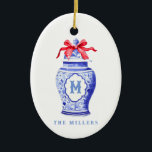 Chinoiserie Ginger Jar Monogram | Red Bow Ceramic Ornament<br><div class="desc">This chic design features chinoiserie ginger jar with a blue monogram and a red bow. You can personalize with your monogram initial and your name.</div>