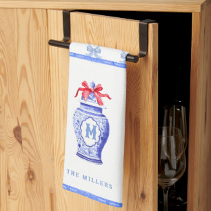 Chinoiserie Ginger Jar Monogram   Red Bow Kitchen Towel