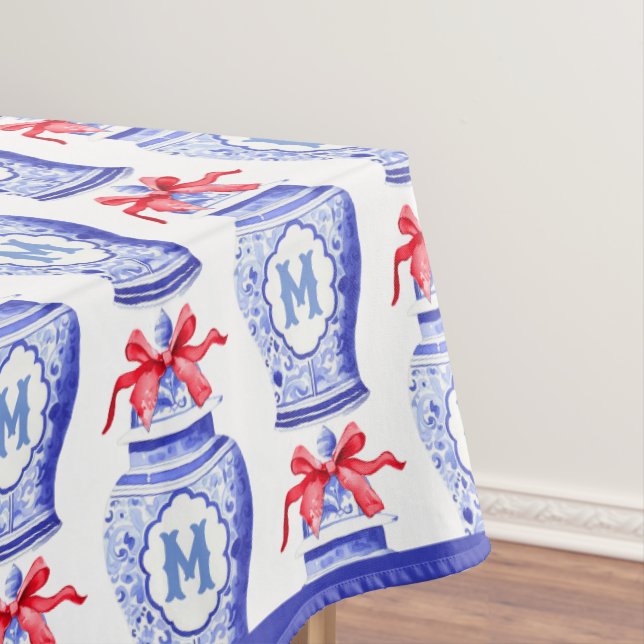 Chinoiserie Ginger Jar Monogram | Red Bow Tablecloth (In Situ)