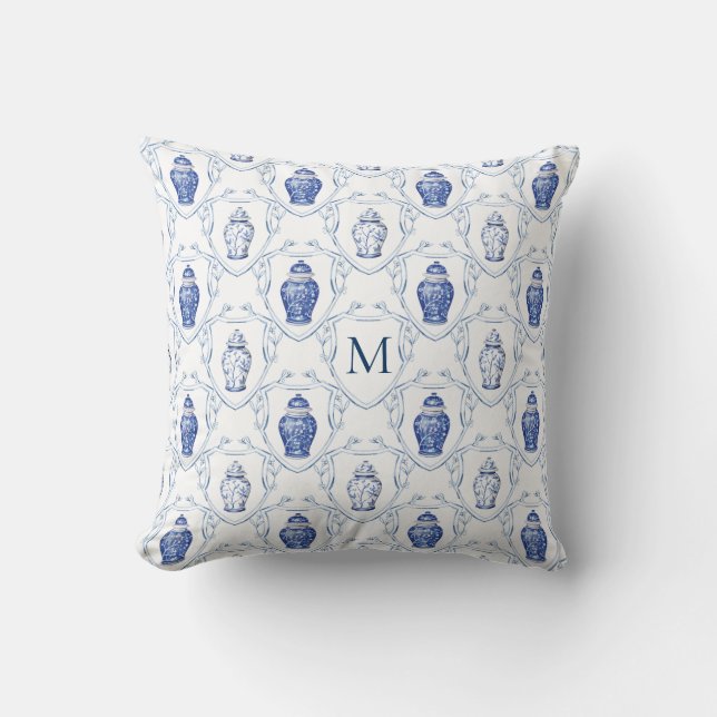 Chinoiserie Ginger Jar Monogrammed Crest Throw Pillow (Front)