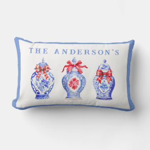 Chinoiserie Ginger Jar With Red Bow  Lumbar Pillow
