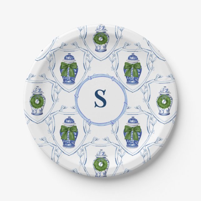 Chinoiserie Ginger Jars Christmas Monogrammed  Paper Plate (Front)