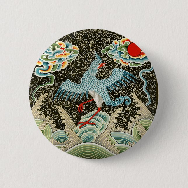 Chinoiserie Golden Crane Bird & Sea Wave Pattern 2 Inch Round Button (Front)