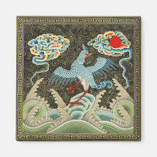 Chinoiserie Golden Crane Bird & Sea Wave Pattern Magnet