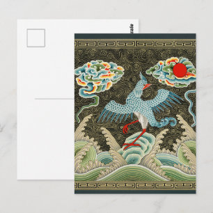 Chinoiserie Golden Crane Bird & Sea Wave Pattern Postcard