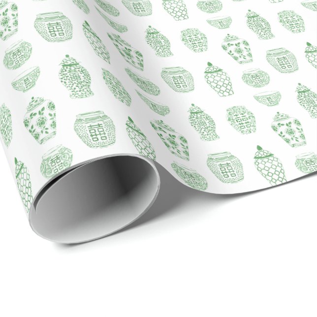 Chinoiserie Green And White Ginger Jar Print Wrapping Paper (Roll Corner)