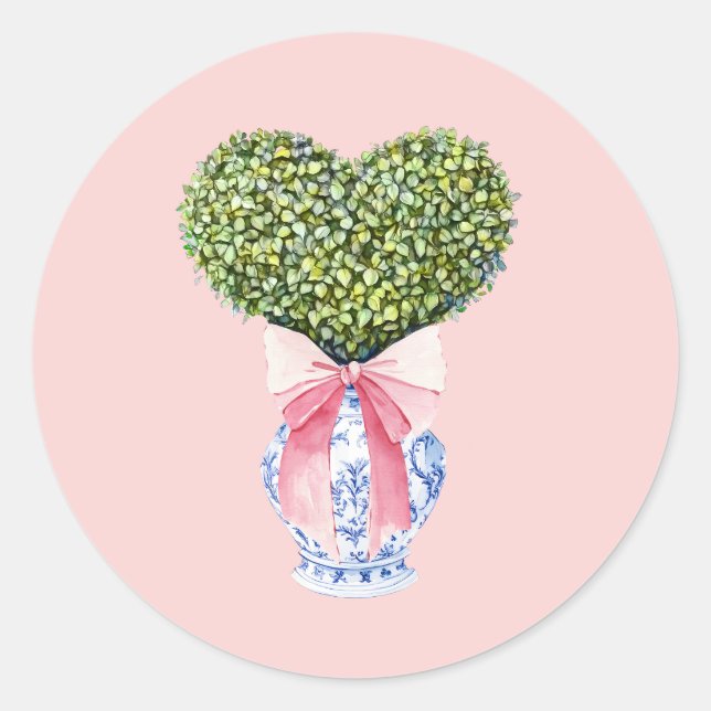 Chinoiserie Heart Topiary Valentine's Day Classic Round Sticker (Front)